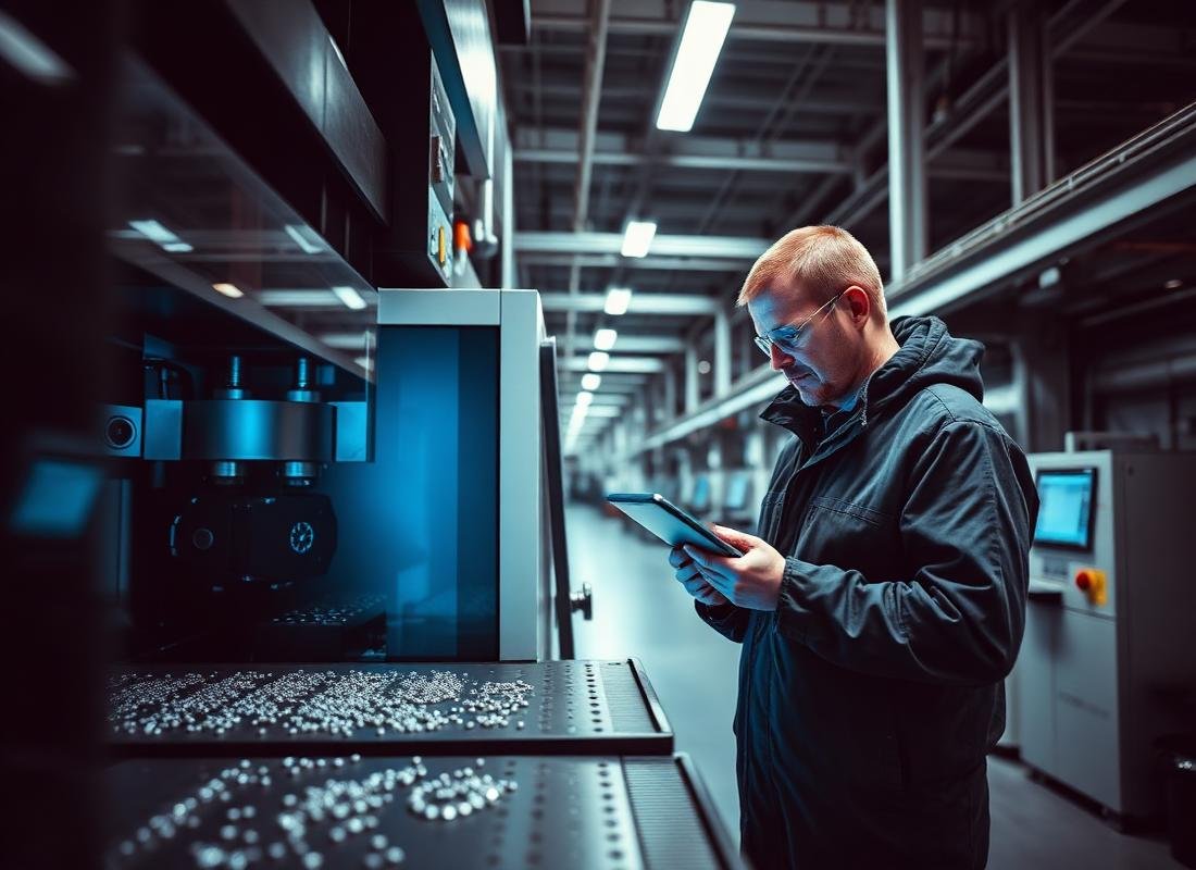 Techniker prüft Fertigungsdaten an einer CNC-Maschine auf einem Tablet