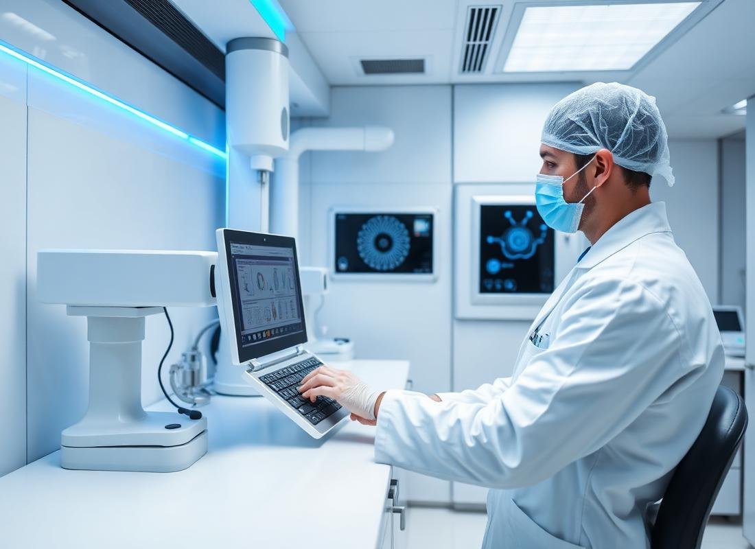 Fachkraft bedient ein Diagnosegerät in einem modernen Medizinlabor