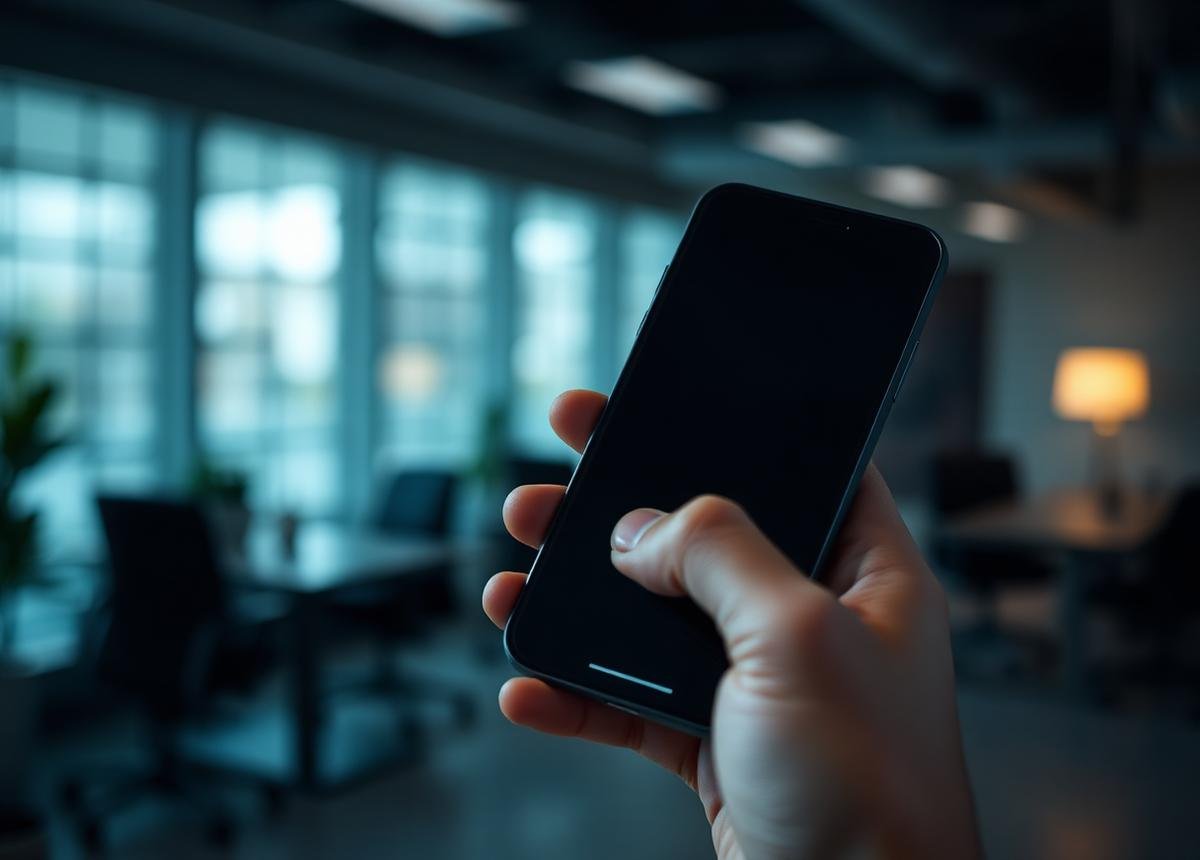 Mobile Anwendung mit dunkler Oberfläche in der Hand einer Person