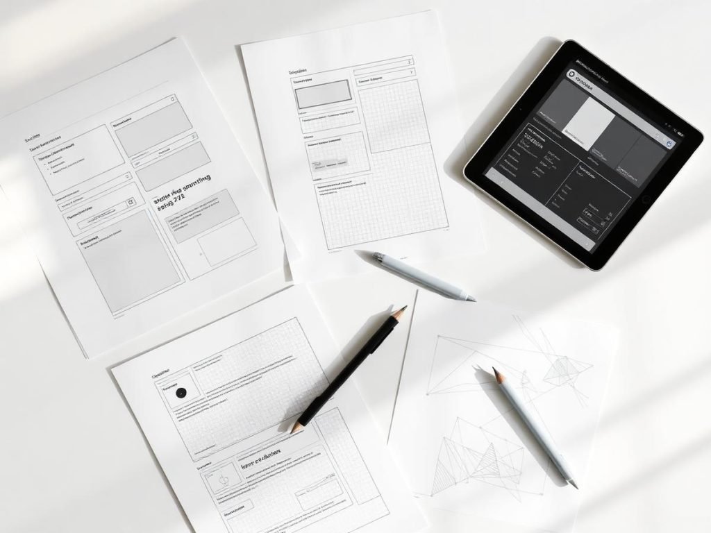 Wireframe-Skizzen und ein Tablet mit Designsystem auf einem Schreibtisch