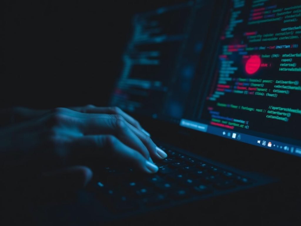 Entwickler schreibt Code für eine digitale Plattform an einem dunklen Arbeitsplatz